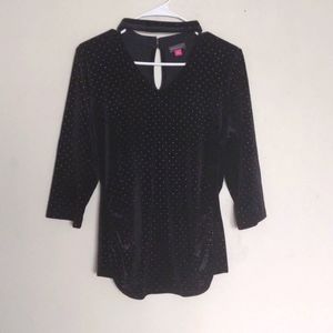 Vince Camuto velvet-look black top w/gold beads.  90% poly 10% Spandex. …